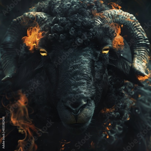 A black ram with a yellow eye and flames in its horns