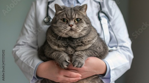 Fat overweight cat on the hands of a veterinarian : Generative AI © The Little Hut