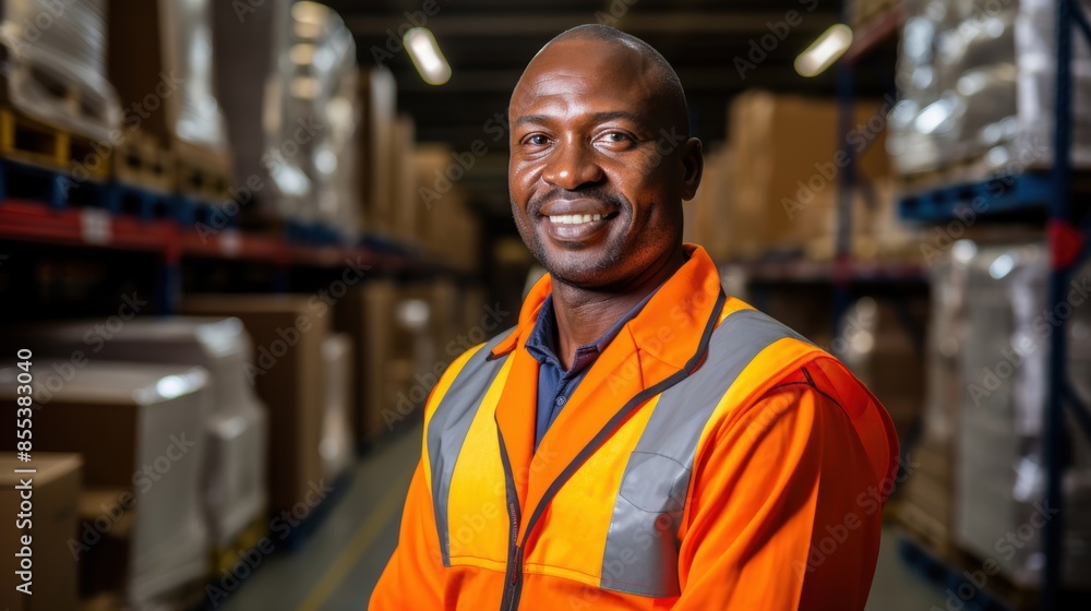 Confident warehouse worker wearing a high visibility vest, standing in a warehouse aisle, smiling and exuding professionalism. Confident warehouse worker wearing a high visibility vest, standing in a warehouse aisle, smiling and exuding professionalism.