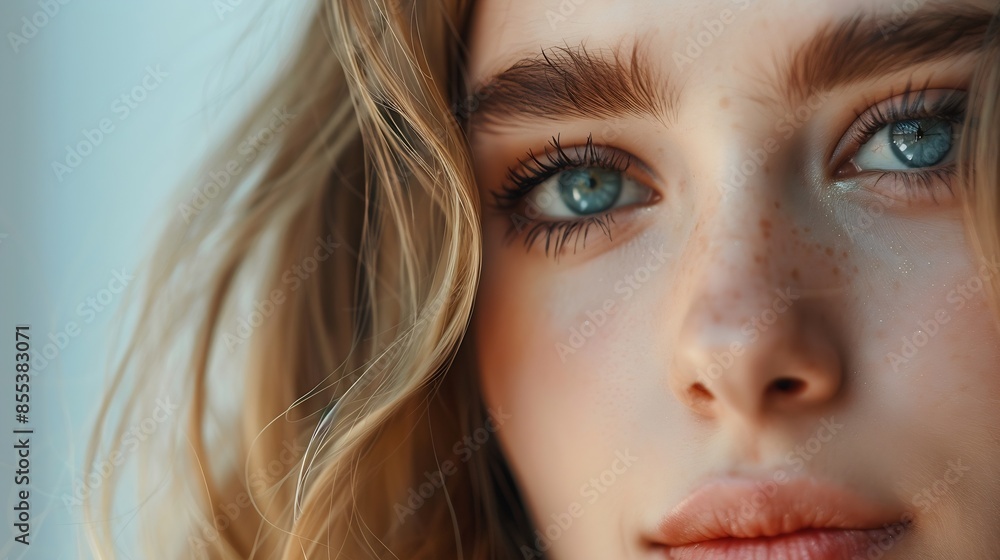Closeup portrait of a young lady Beautiful woman face long blond hair lashes natural make up cosmetic female spa concept : Generative AI Closeup portrait of a young lady Beautiful woman face long blond hair lashes natural make up cosmetic female spa concept : Generative AI