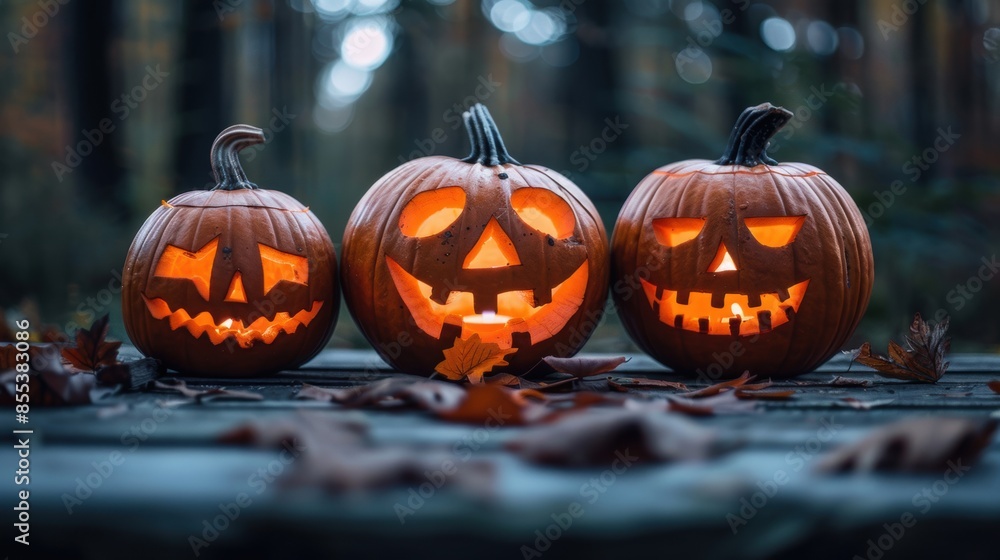 Three carved Jack-o'-Lanterns glowing brightly on a table, creating a spooky Halloween atmosphere. Three carved Jack-o'-Lanterns glowing brightly on a table, creating a spooky Halloween atmosphere.
