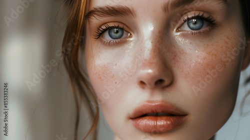 Beauty Beautiful Woman Close Up Portrait Young BlueEyed Model With Perfect Skin And Natural Daily Makeup Looking At Camera : Generative AI