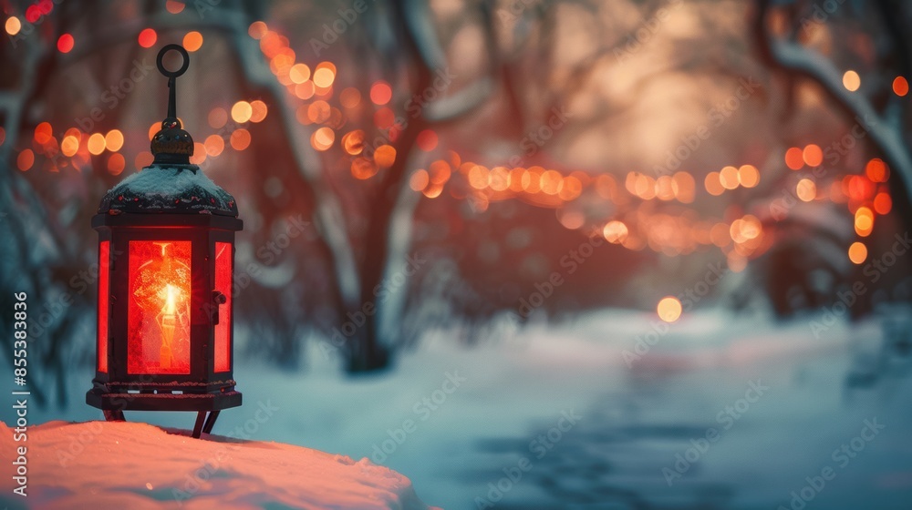 A red lantern emits a warm glow on a snowy path, surrounded by festive lights, evoking a cozy winter night ambiance. A red lantern emits a warm glow on a snowy path, surrounded by festive lights, evoking a cozy winter night ambiance.