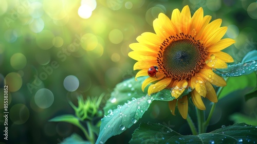 Sunflower with two colorful flowers and three green leaves. Decorated with clear dew drops In the center of one flower there is a ladybug, adding to the charm. The background is blurred green. photo