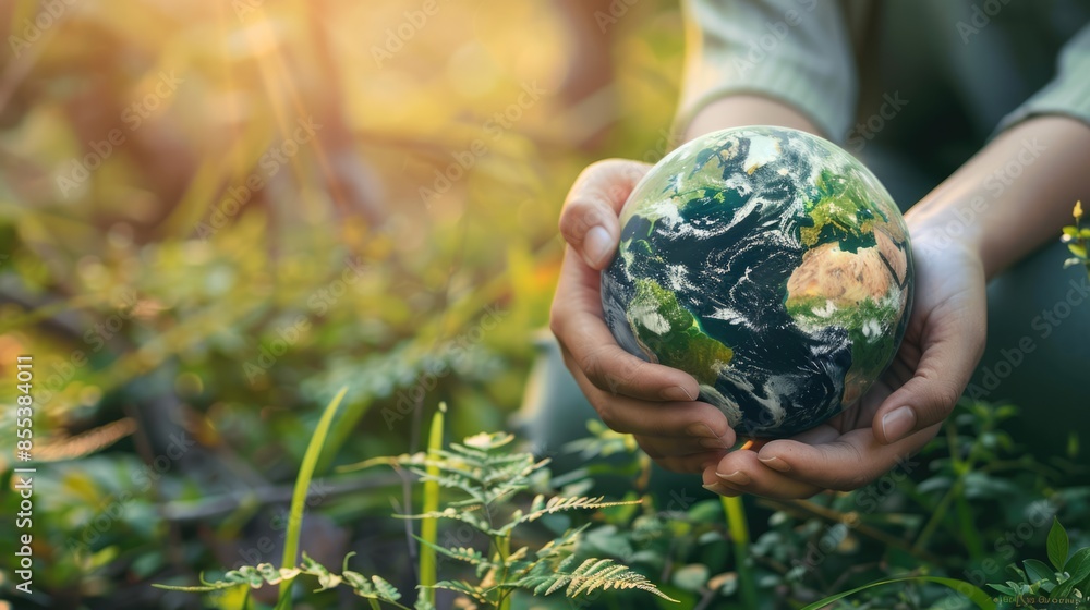 Woman's hands holding planet earth globe on green vegetation background. Environmental ecology issues, save the world concept Woman's hands holding planet earth globe on green vegetation background. Environmental ecology issues, save the world concept