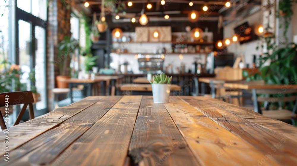 A bright modern café interior featuring wooden tables and potted plants, creating a fresh and inviting atmosphere for patrons. A bright modern café interior featuring wooden tables and potted plants, creating a fresh and inviting atmosphere for patrons.