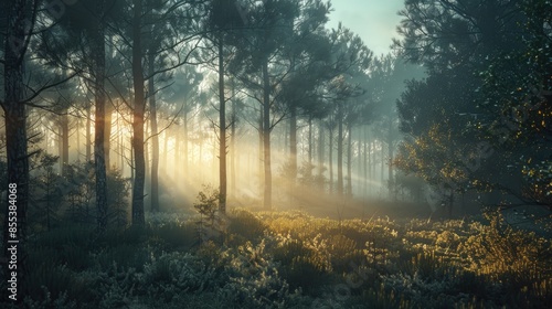 A forest with trees and grass. The sun is shining through the trees, creating a warm and peaceful atmosphere