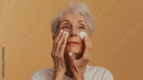 No filter close up photo of pretty cute senior woman apply cream face isolated on beige color background : Generative AI photo