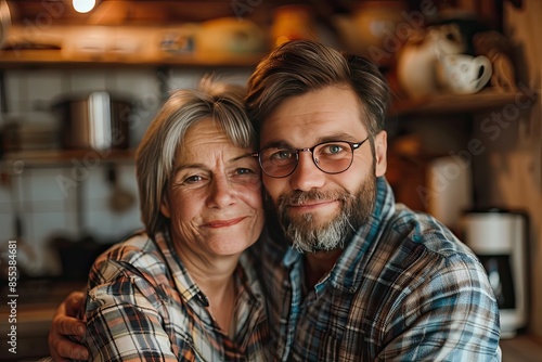 A man and a woman are hugging each other in a kitchen. The woman is wearing glasses and the man is wearing a plaid shirt