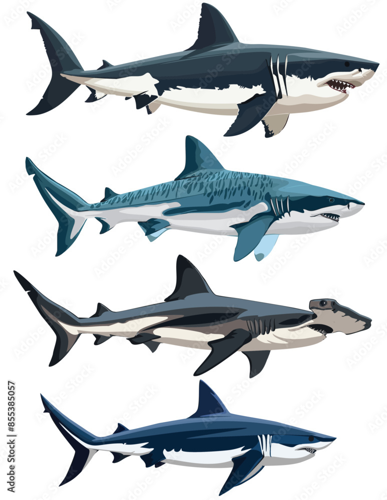 Obraz premium Great White Shark, Tiger Shark, Hammerhead Shark, Mako Shark