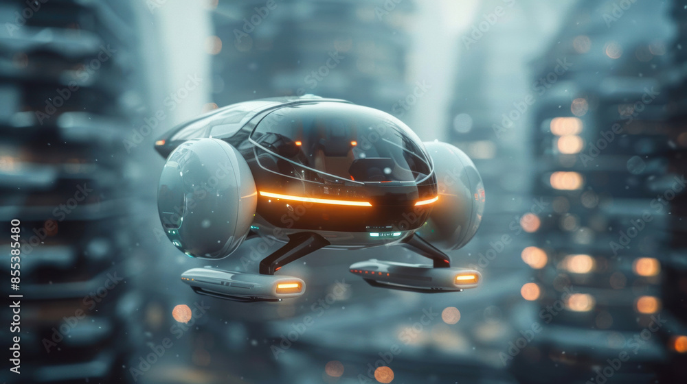 Fototapeta premium A sleek, futuristic hover car glides through a sci-fi cityscape with glowing lights, embodying advanced technology and a visionary atmosphere.
