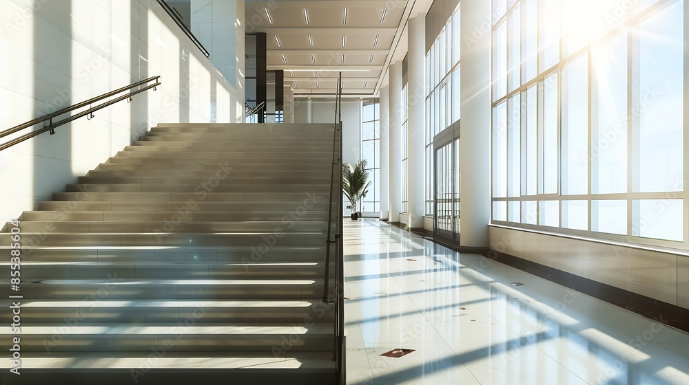 A wide staircase along the large windows in an office building Modern interior of the lobby of an office building with large spacious windows Illuminated long corridor in a modern busi : Generative AI A wide staircase along the large windows in an office building Modern interior of the lobby of an office building with large spacious windows Illuminated long corridor in a modern busi : Generative AI