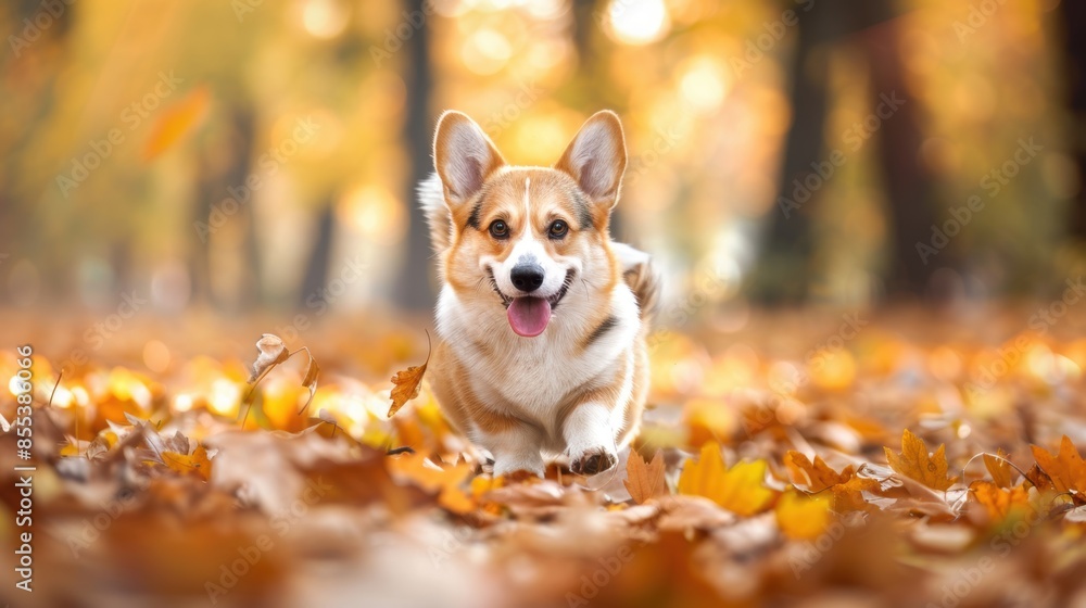 A cheerful Corgi dog running through a park covered in autumn leaves, capturing joy and playful energy in the fall season. A cheerful Corgi dog running through a park covered in autumn leaves, capturing joy and playful energy in the fall season.