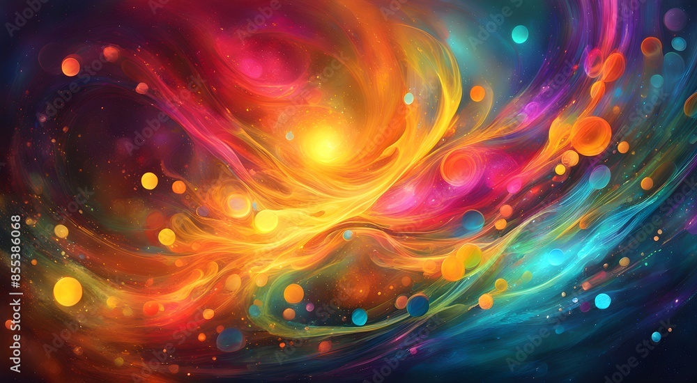 A colorful, swirling galaxy with a bright yellow sun in the center A colorful, swirling galaxy with a bright yellow sun in the center