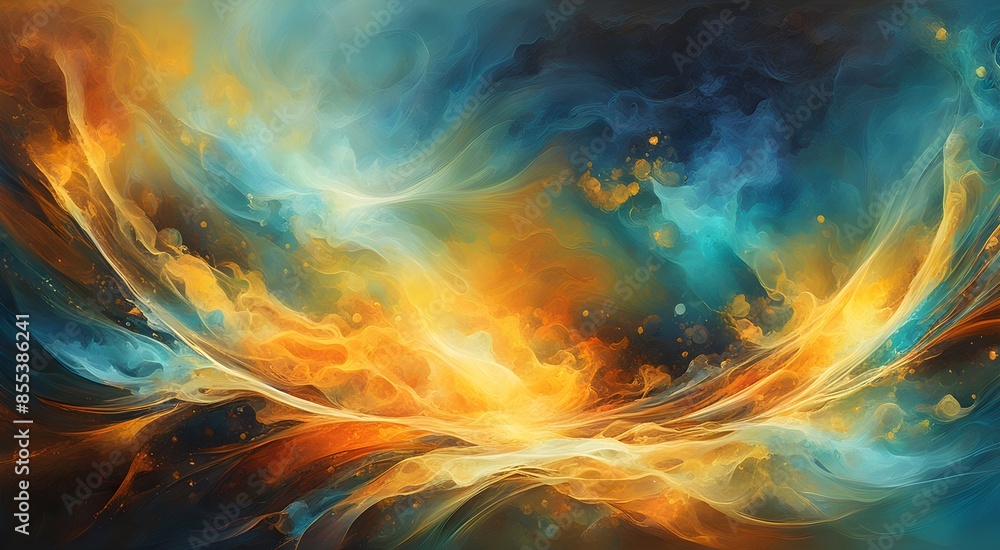 A painting of a colorful, fiery sky with a blue and orange swirl A painting of a colorful, fiery sky with a blue and orange swirl