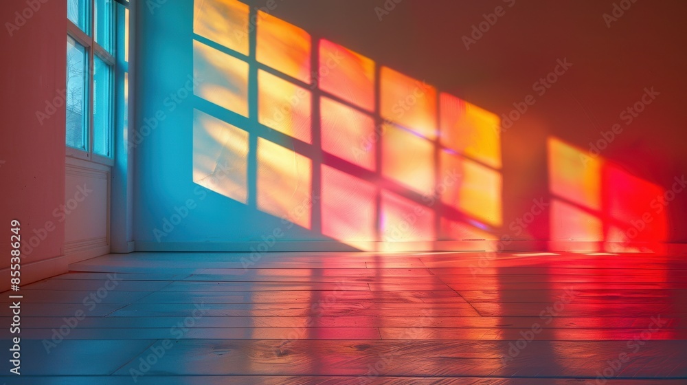 Vibrant reflections of colorful window light on a wooden floor, creating a beautiful and abstract play of colors and shadows. Vibrant reflections of colorful window light on a wooden floor, creating a beautiful and abstract play of colors and shadows.