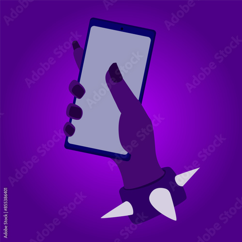 A hand-held smartphone with an empty screen in a purple cartoon illustration, suitable for posters, promotions, and advertisements. 