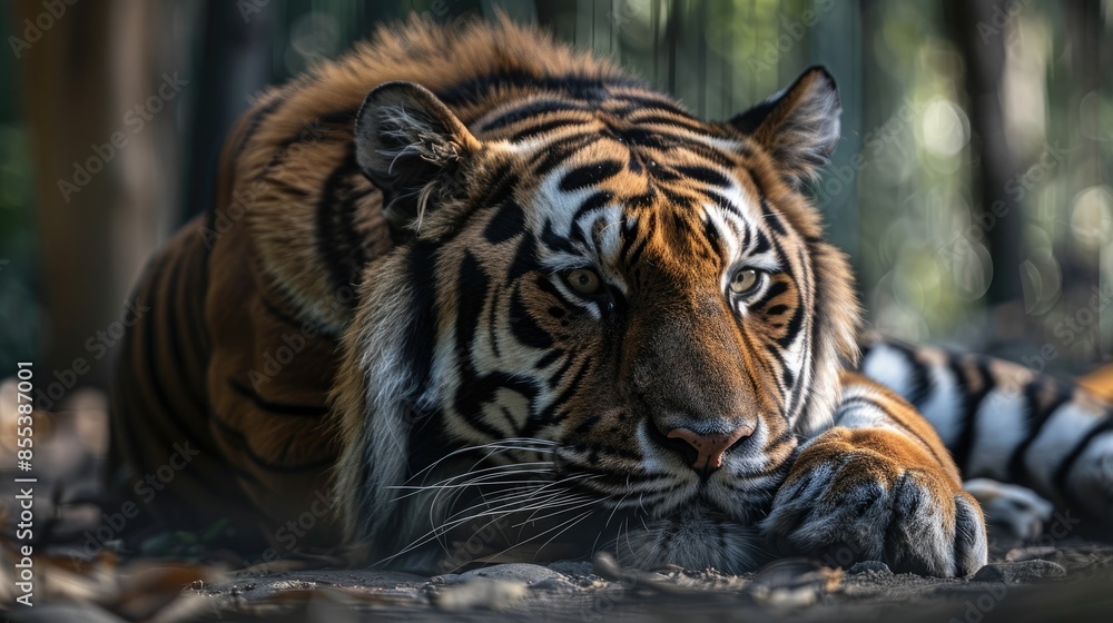 A tiger is laying down in the woods. The tiger is looking at the camera A tiger is laying down in the woods. The tiger is looking at the camera