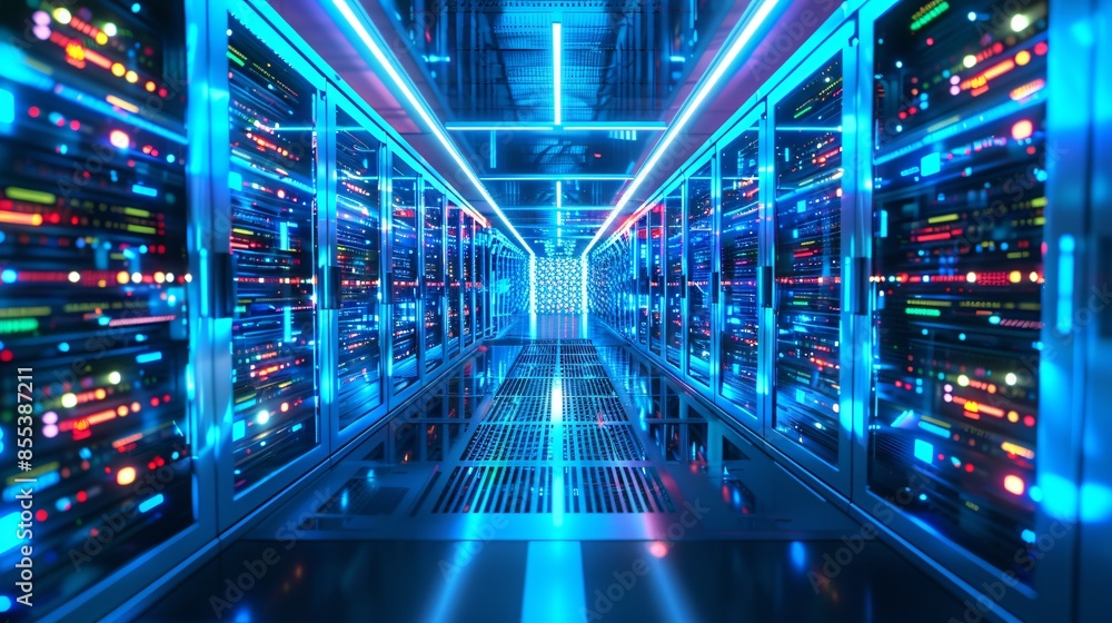 3D banner of a data center server room with telecom equipment. 3D banner of a data center server room with telecom equipment.