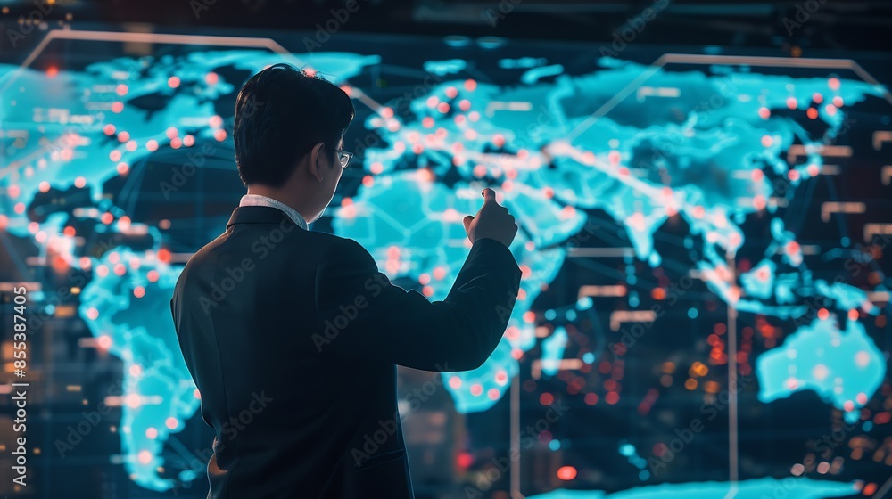 Tech driven Global Business Businessman embraces technology as he analyzes big data for business intelligence composition of world map digital links emphasizes interconnectedness of gl : Generative AI Tech driven Global Business Businessman embraces technology as he analyzes big data for business intelligence composition of world map digital links emphasizes interconnectedness of gl : Generative AI