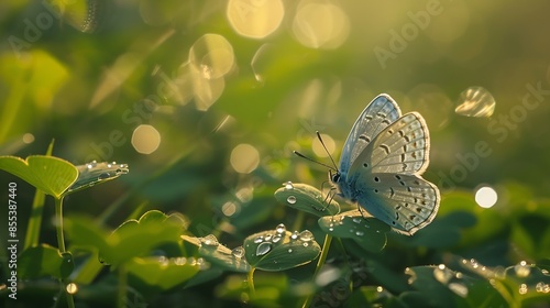 A butterfly sits on a clover leaf after morning rain Magical Butterfly close up butterfly wings are folded Harmony of nature Common blue butterfly in summer season Plebejus idas : Generative AI photo