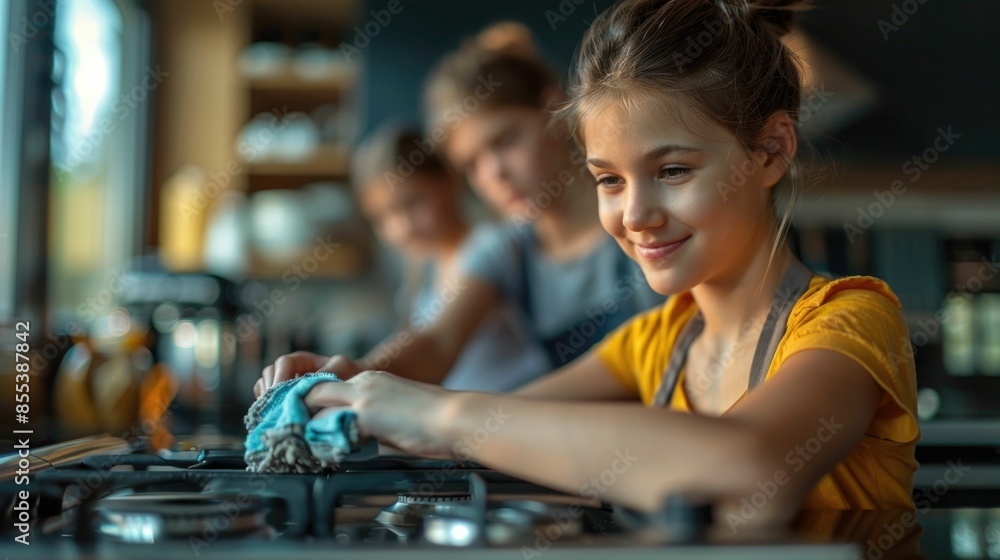 Smiling Teenage Girl Diligently Wiping Down and Cleaning Kitchen Appliances and Surfaces at Her Organized Home Workspace or Desk Smiling Teenage Girl Diligently Wiping Down and Cleaning Kitchen Appliances and Surfaces at Her Organized Home Workspace or Desk