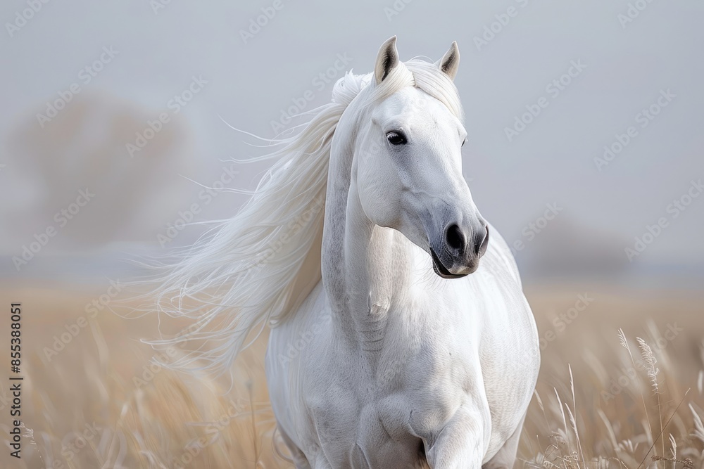 Obraz premium A white horse is running through a field of tall grass. The horse's mane is flowing in the wind, and it has a peaceful and serene expression on its face. Concept of freedom and tranquility