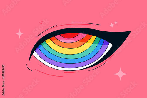 A vibrant illustration of an eye with a rainbow iris on a pink background, symbolizing diversity and LGBTQ+ pride. Perfect for use in pride campaigns, inclusive marketing, and social media visuals.