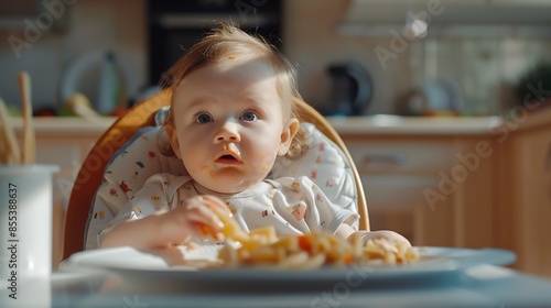Cute child eats healthy food pasta and vegetables steamed Portraits of a cute 10 months old baby girl The baby sitting in a special high chair for babies : Generative AI photo
