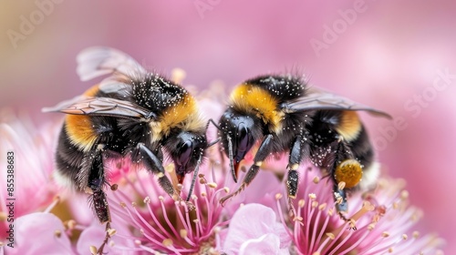 Two bumblebees are on a pink flower. The bees are close to each other and are eating the flower