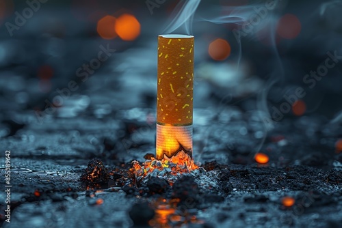 the theme of World No Tobacco Day, a cigarette butt lies on the ground, still aflame, symbolizing the urgency to stop smoking.