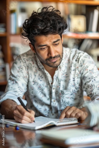 Close up of a young man writing on a notepad while deeply focused on his work and studies