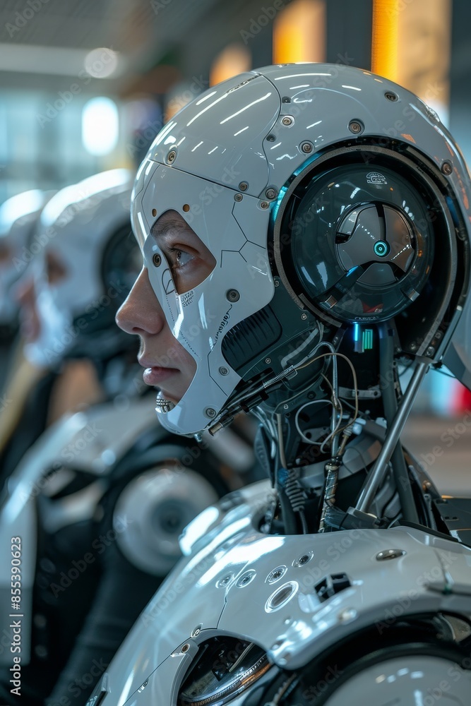 Fototapeta premium Future of Work: AI Robots in Office, One Robot Making Eye Contact, Concept of Artificial Intelligence and Robotization Impact on Employment