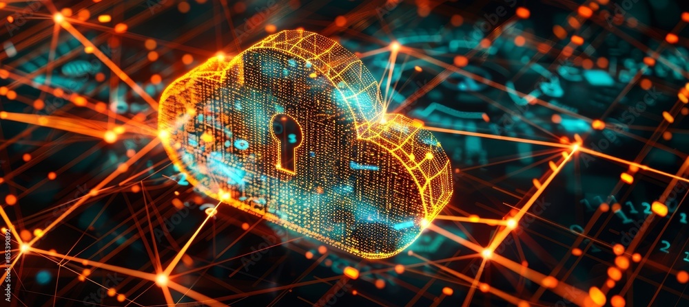 Secure cloud concept lock icon in translucent cloud on neon digital grid with abstract lines Secure cloud concept lock icon in translucent cloud on neon digital grid with abstract lines
