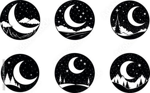 "Design a black and white vector image of a crescent moon silhouette set against a night sky