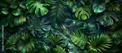 Tropical Paradise - Dark and Lush Green Leaves and Palms Flat Lay Composition for Nature Concept