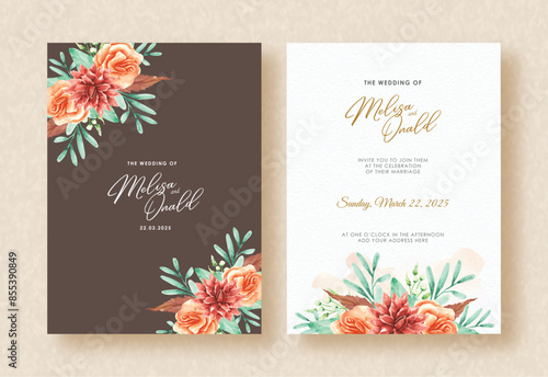orange flowers of watercolor ornament on wedding invitation background © Monica