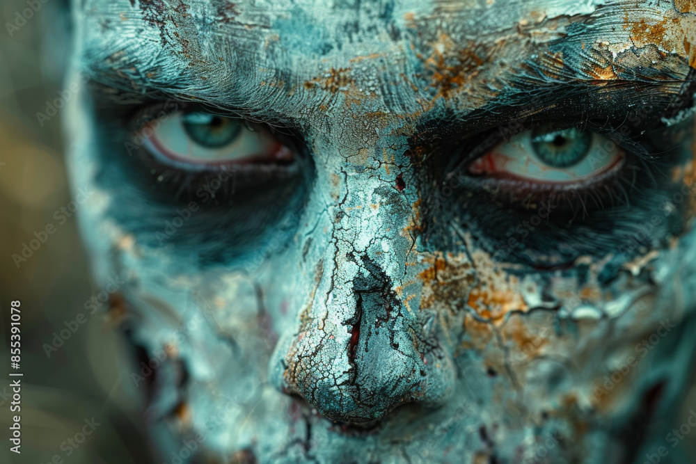 A zombie with half its face missing, revealing the skull underneath. Concept of gore and terror. Generative Ai. A zombie with half its face missing, revealing the skull underneath. Concept of gore and terror. Generative Ai.