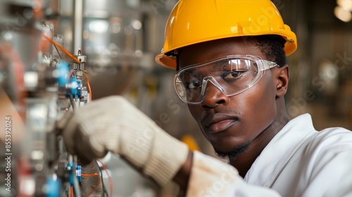 Focused electrician in safety gloves working on electric panel in well lit industrial area