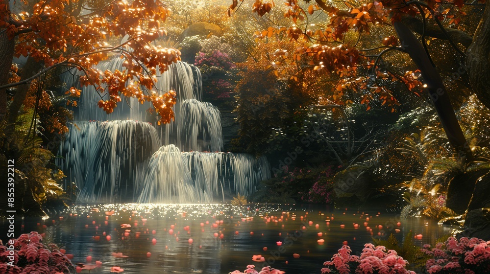 Naklejka premium Fantasy Waterfall with Autumn Trees and Beautiful Flowers: Idyllic Landscape