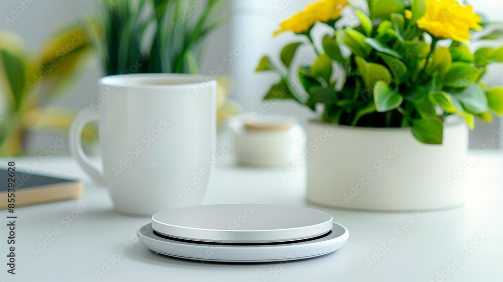 A white coffee cup sits on a table next to a plant, mockup A white coffee cup sits on a table next to a plant, mockup
