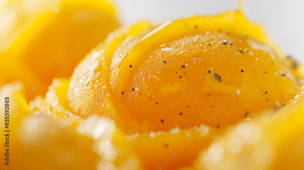 Exotic mango chili sorbet, a closeup of exotic mango chili sorbet, its bright orange color and icy texture with specks of chili, set against a white backdrop Exotic mango chili sorbet, a closeup of exotic mango chili sorbet, its bright orange color and icy texture with specks of chili, set against a white backdrop