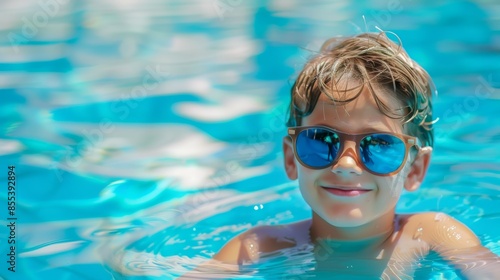 A young boy is smiling and wearing sunglasses while swimming in a pool, aquapark or water park