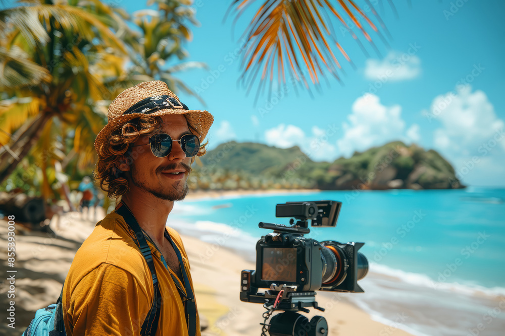 Obraz premium A millennial vlogger filming a travel vlog in an exotic location. Concept of content creation and exploration. Generative Ai.