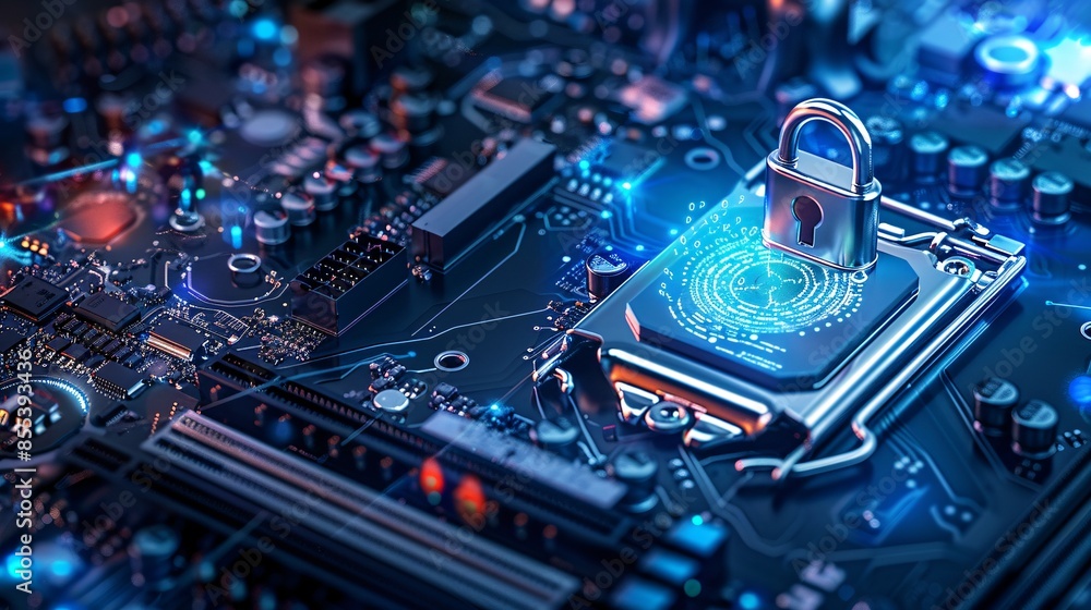 Cybersecurity concept with computer motherboard and safety lock. Cybersecurity concept with computer motherboard and safety lock.