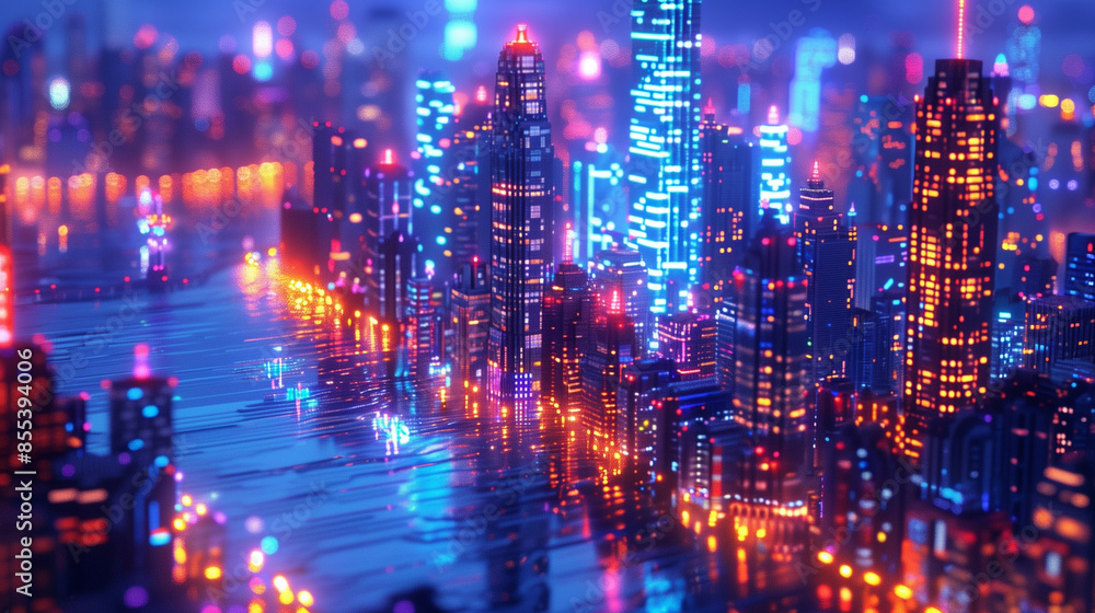 Abstract city skyline at night with lights background. Cyberpunk, dark blue, purple, urban scene. Modern architecture. Abstract city skyline at night with lights background. Cyberpunk, dark blue, purple, urban scene. Modern architecture.