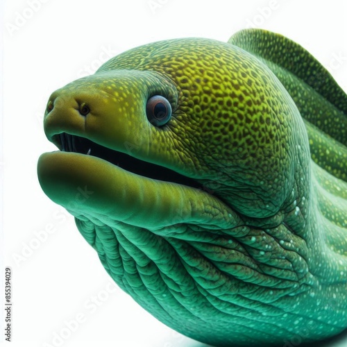 an image of a giant moray eel isolated on a white background, showcasing its distinctive patterns and elongated body in detail photo