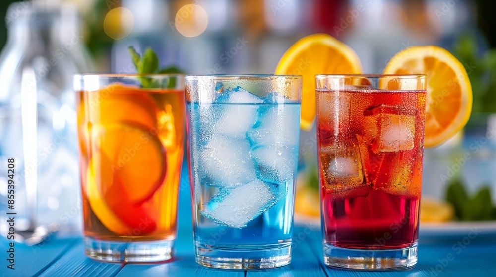 Three glasses of different colored drinks with ice cubes in them. Tropical summer concept Three glasses of different colored drinks with ice cubes in them. Tropical summer concept