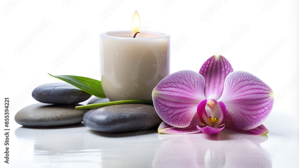 Zen stone, candle and orchid flower on simple white background
Zen stone, candle and orchid flower on simple white background