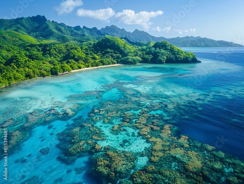 Aerial view of the Matangi Island with its lush tropical vegetation and clear waters in Fiji   photo